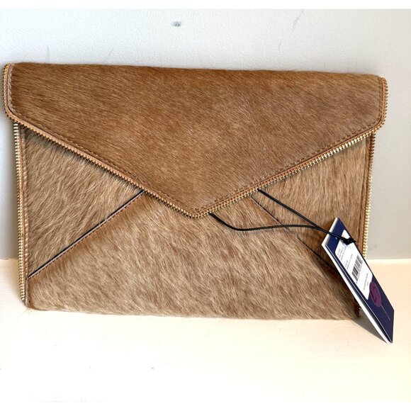 NWT Rebecca Minkoff Leo Envelope Clutch Haircalf Leather Sand Brown $145 [jb]